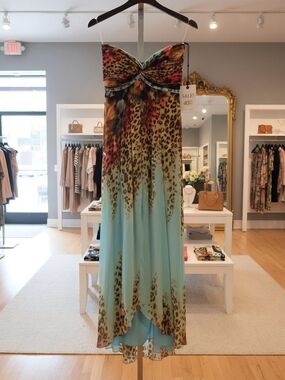 Ever Pretty Strapless Ombre Leopard Maxi Dress in Aqua and Brown